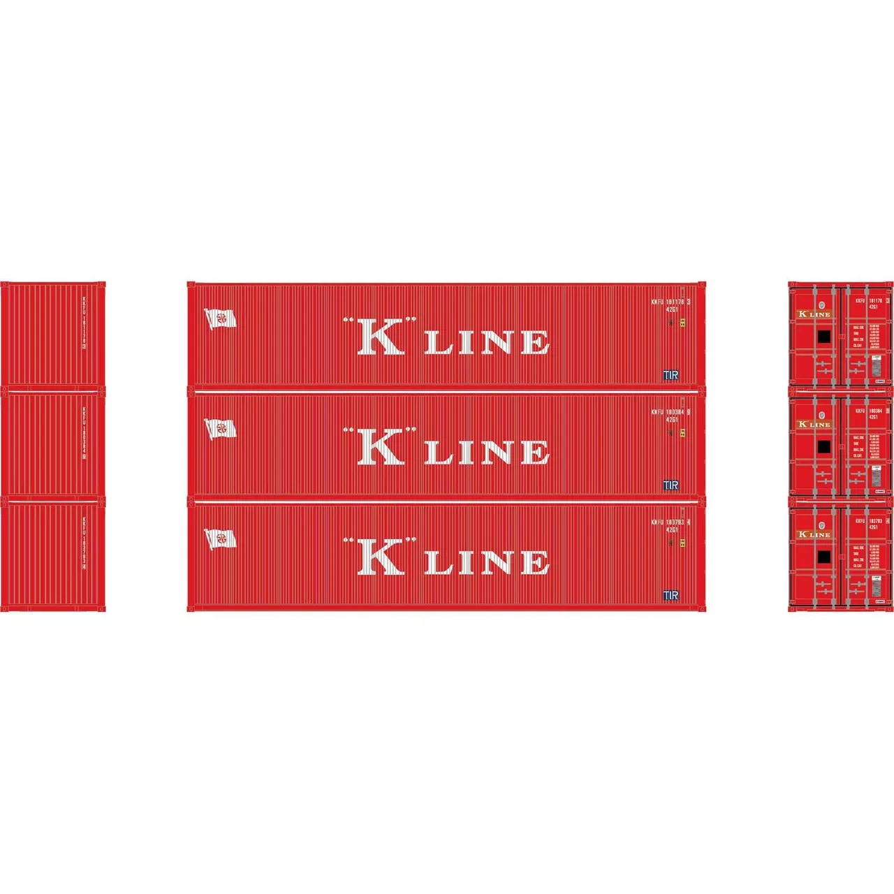 Athearn 17392 – 40′ Corrugated Low-Cube Container (3) Kawasaki Kisen Kaisha, Ltd (K Line) – N Scale