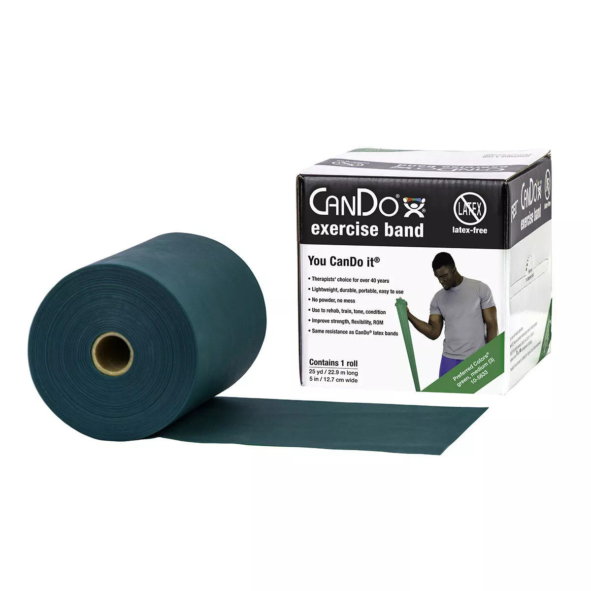 CanDo Latex Free Exercise Band – 25 yard roll – Green – medium