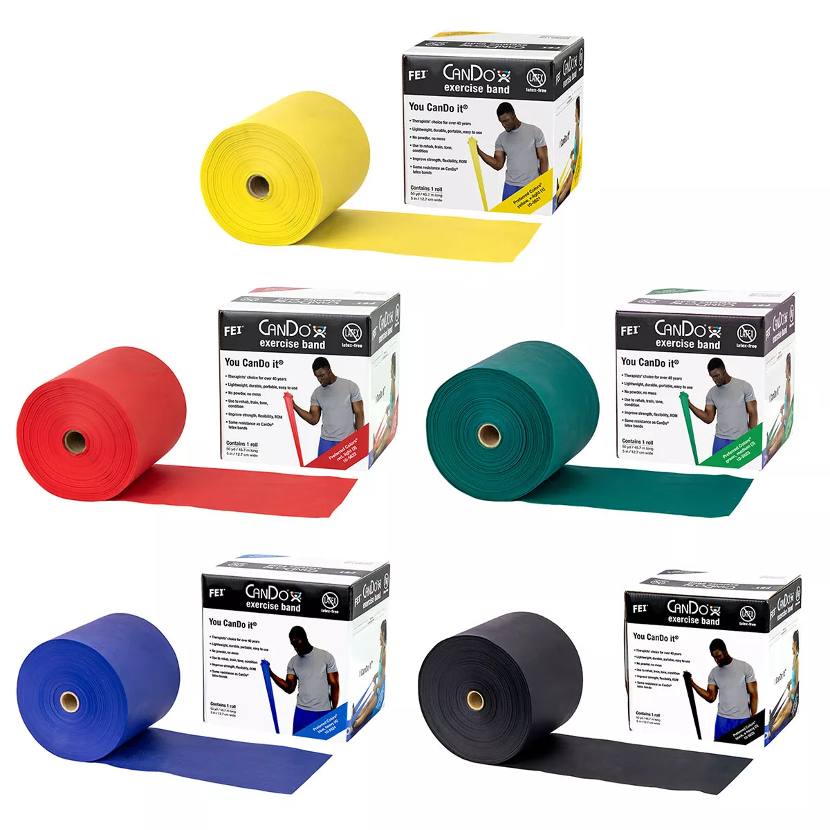 CanDo Latex Free Exercise Band – 50 yard rolls 5-piece set (1 each: yellow red green blue black)