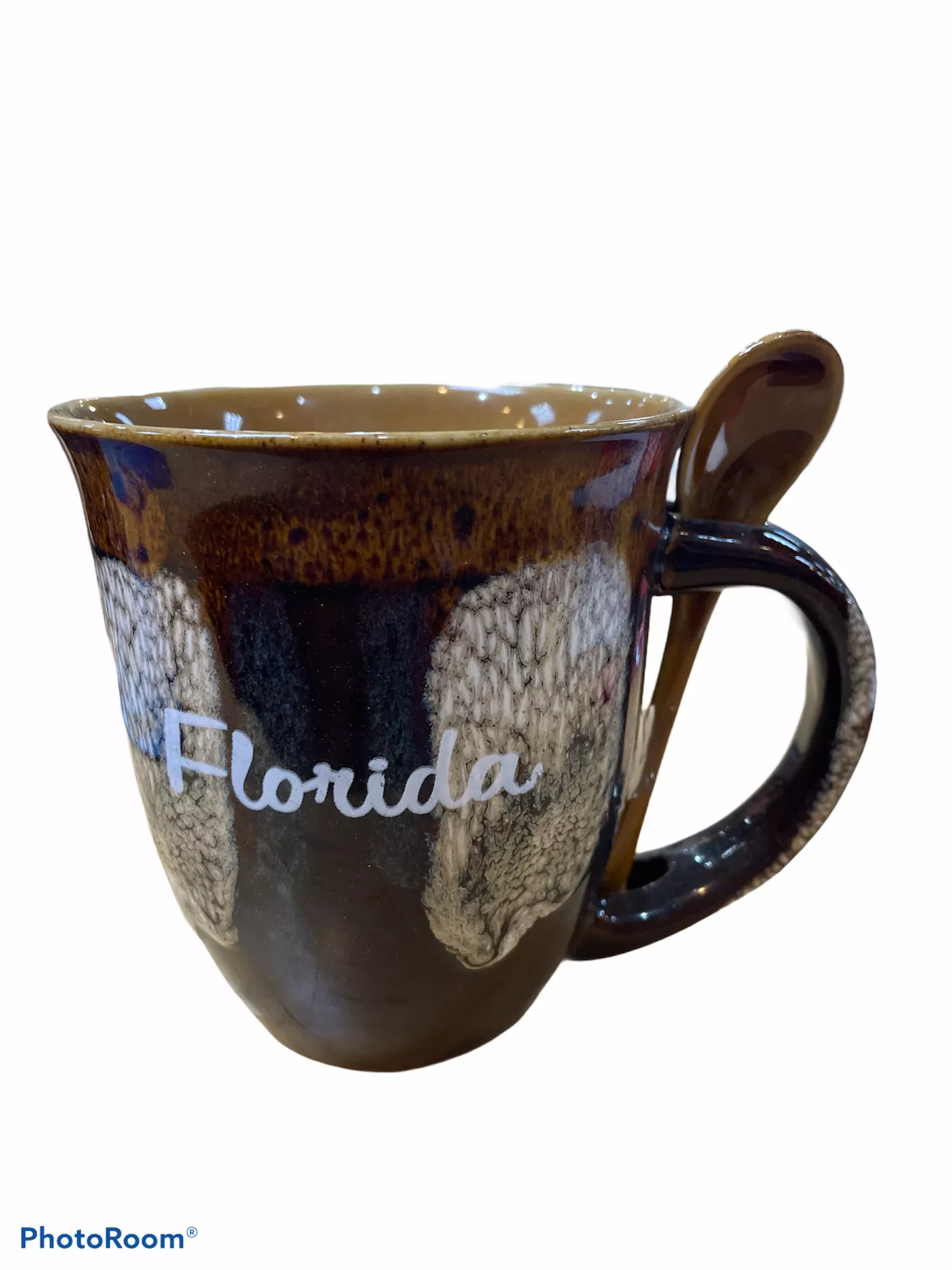 Ceramic Glazed Mug With Spoon Brown White