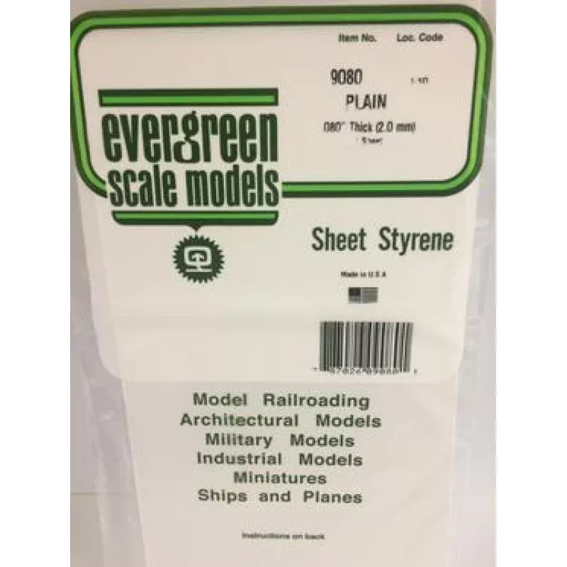 EVERGREEN-9080 Plain 1 x.080 thick (2mm) white polystyrene 300 mm x 155 mm sheet. EVERGREEN