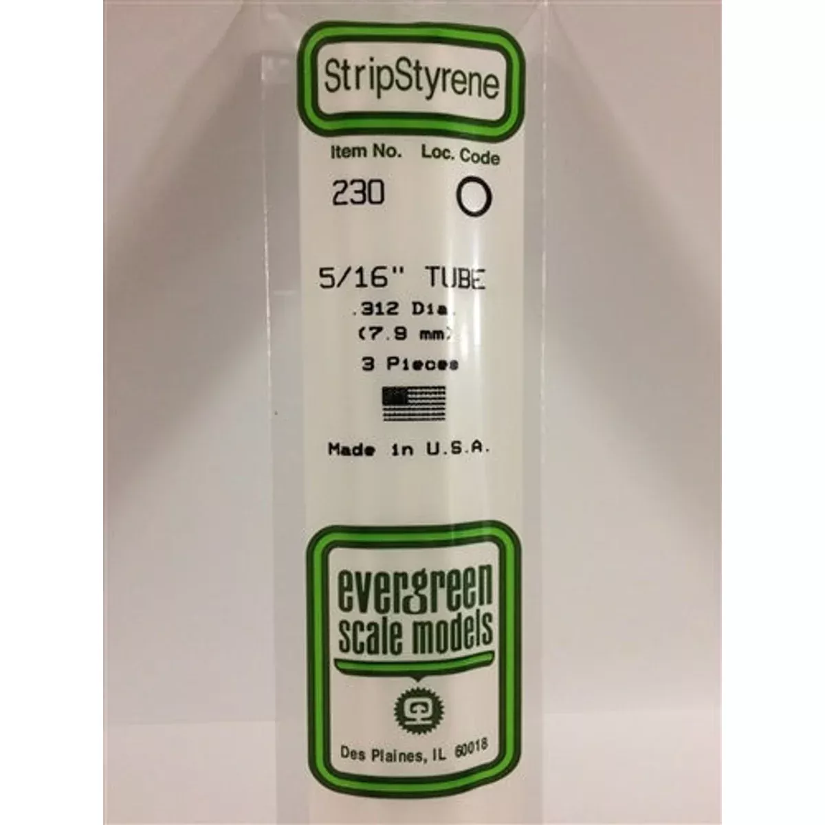 Evergreen Scale Models 230 Styrene Tube .312" (.79cm) Diameter Pkg of 3 NIB