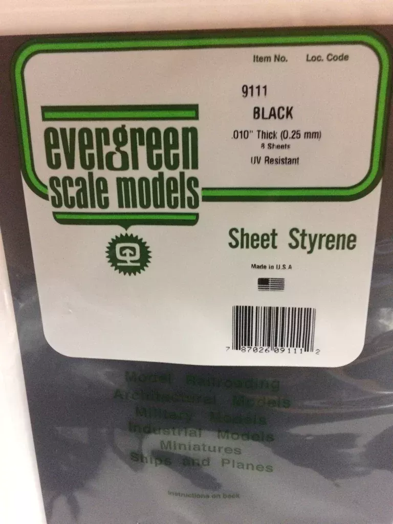 Evergreen Scale Models 9111 Black Styrene Sheets, .01x8x21"