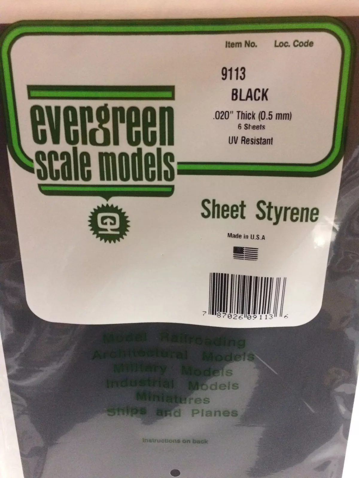 Evergreen Scale Models 9113 Black Styrene Sheets, .02x8x21"