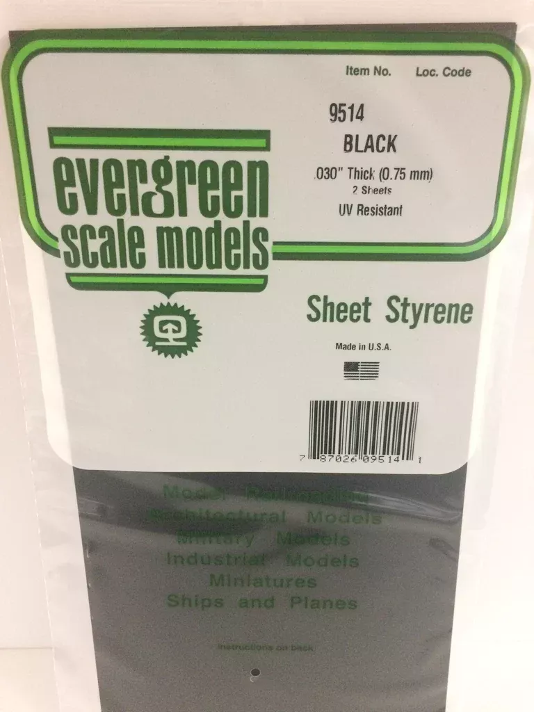 Evergreen Scale Models 9514 Black Styrene Sheets, .03x6x12"