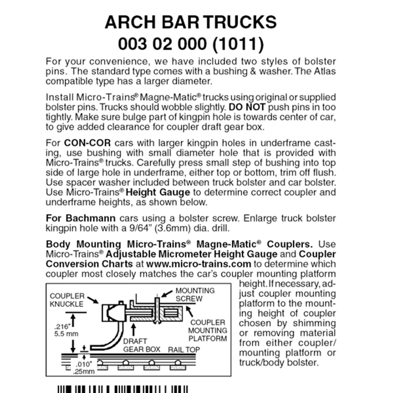 Micro-Trains 00302000 – Arch Bar Trucks Without Couplers (1011) 1 Pair