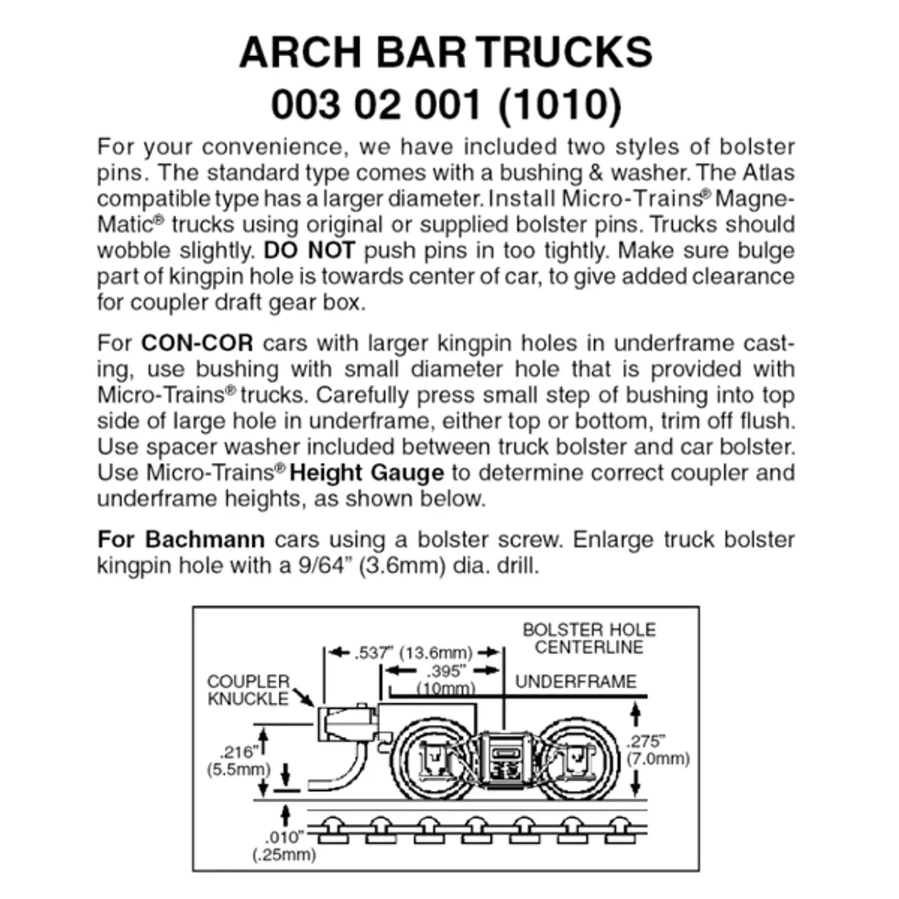 Micro-Trains 00302001 – Arch Bar Trucks With Short Extension Couplers (1010) 1 Pair