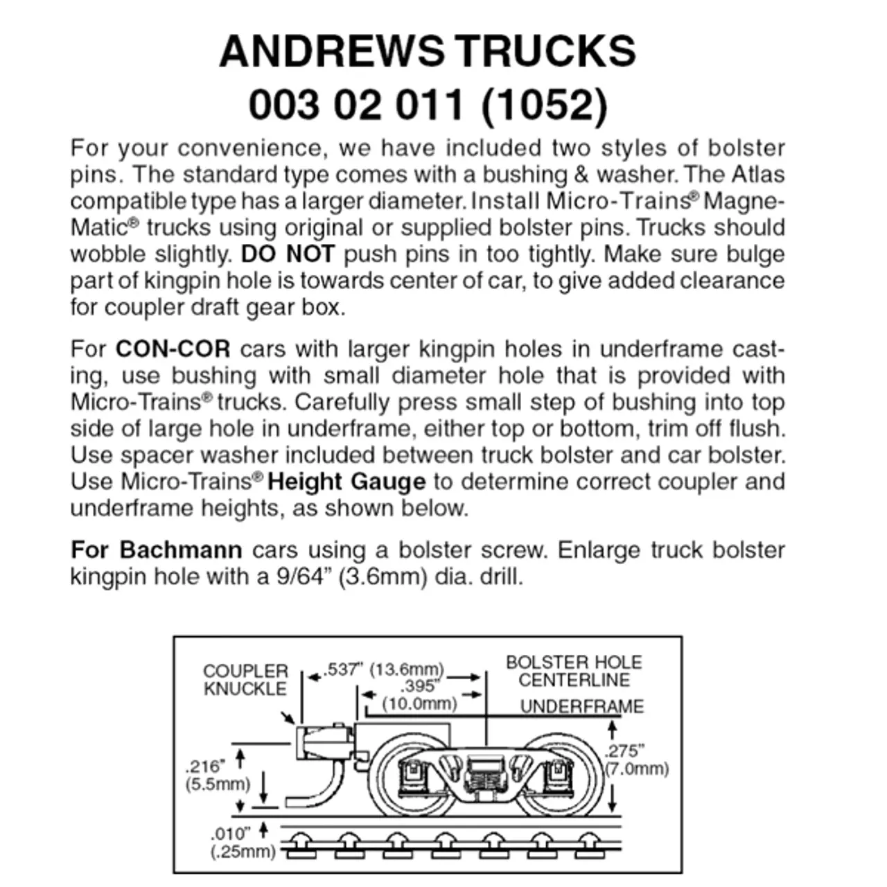 Micro-Trains 00302011 – Andrews Trucks With Short Extension Couplers (1052) 1 Pair