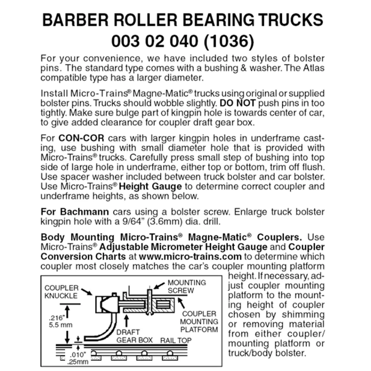 Micro-Trains 00302040 – Barber Roller Bearing Trucks Without Couplers (1036) 1 Pair