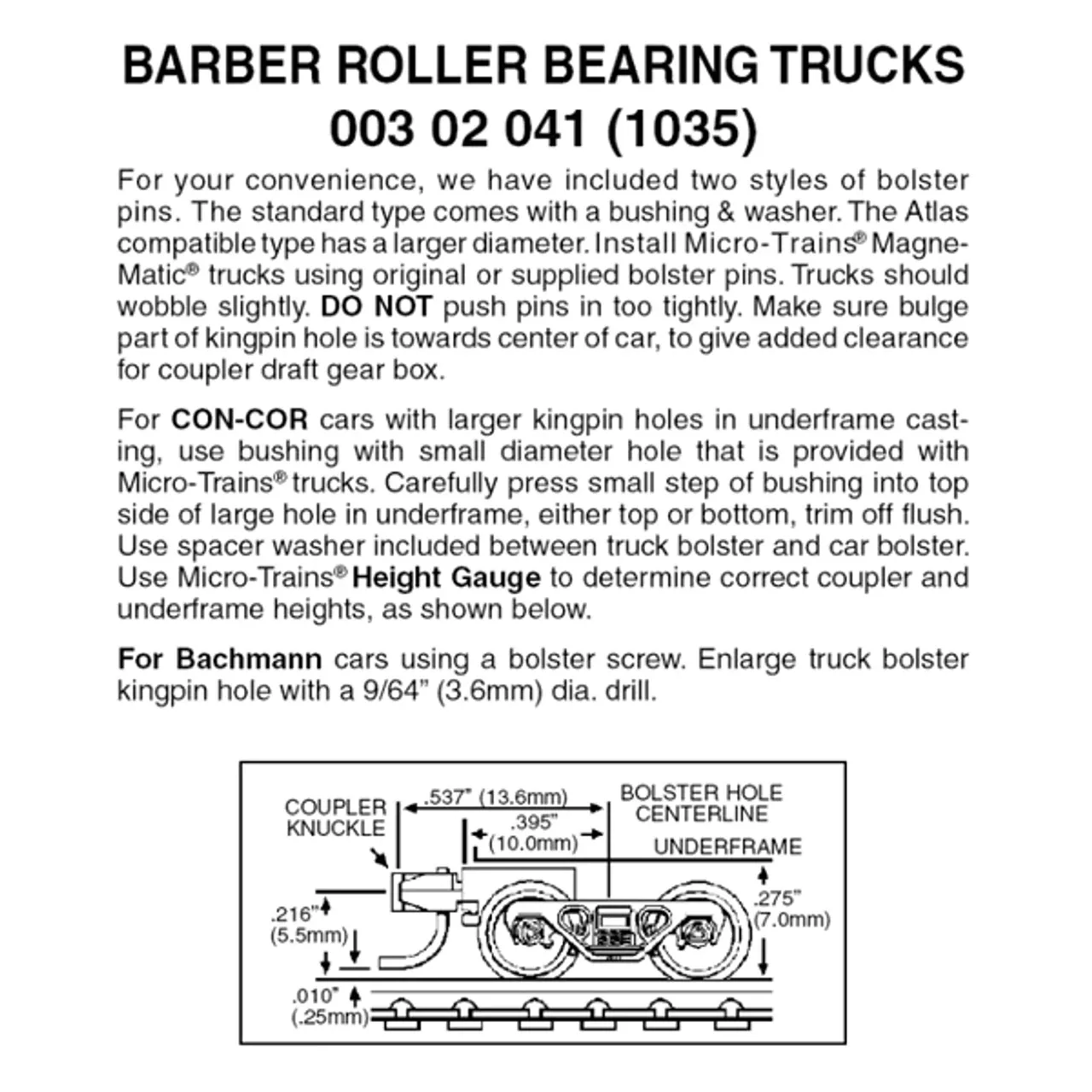 Micro-Trains 00302041 – Barber Roller Bearing Trucks With Short Extension Couplers (1035) 1 Pair