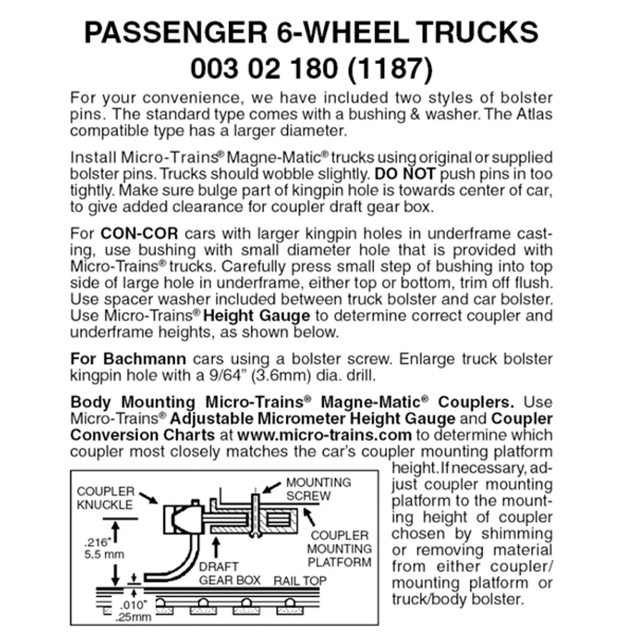 Micro-Trains 00302180 – 6-wheel Passenger Truck 36″ Wheels (1187) 1 Pair