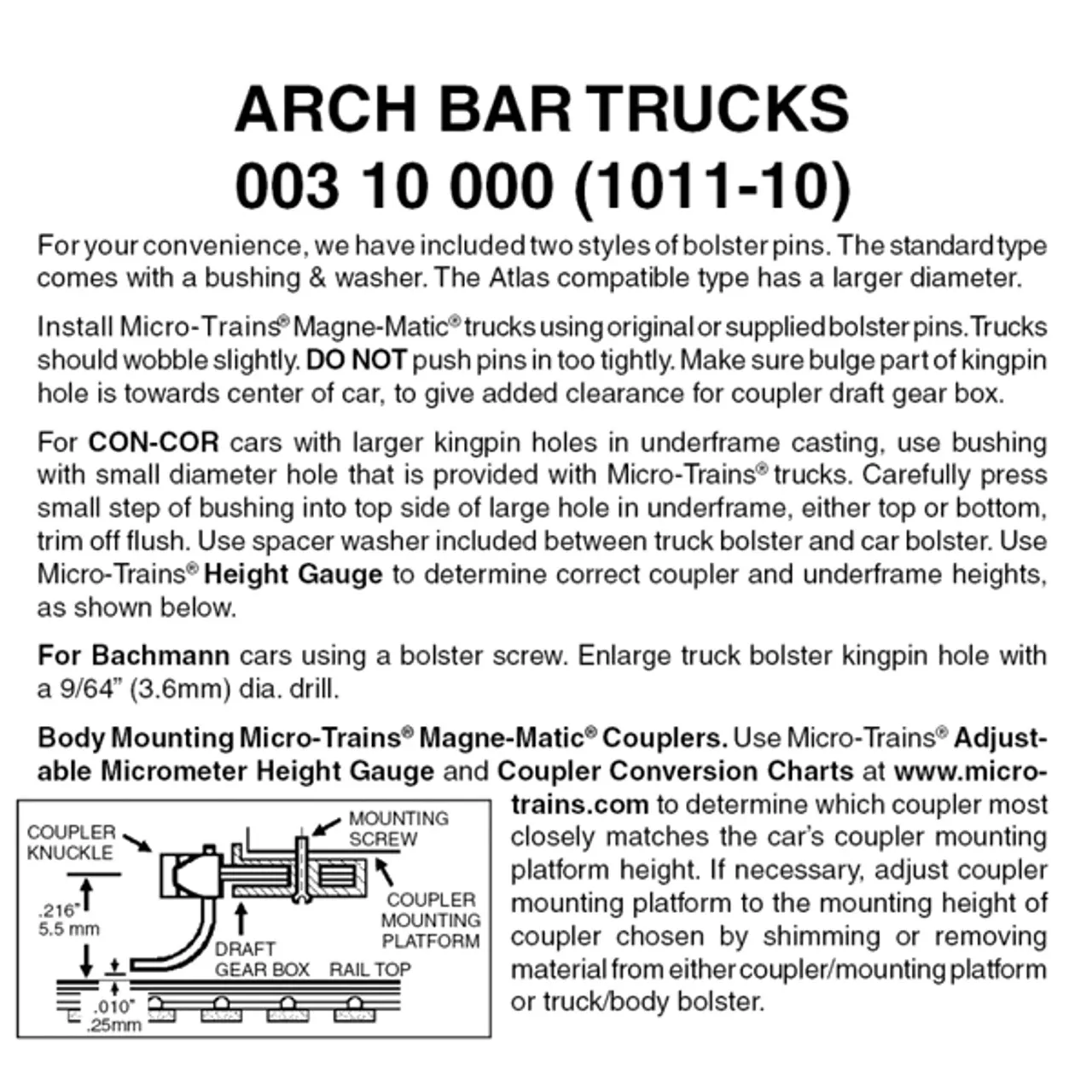 Micro-Trains 00310000 – Arch Bar Trucks Without Couplers (1011-10) 10 Pair