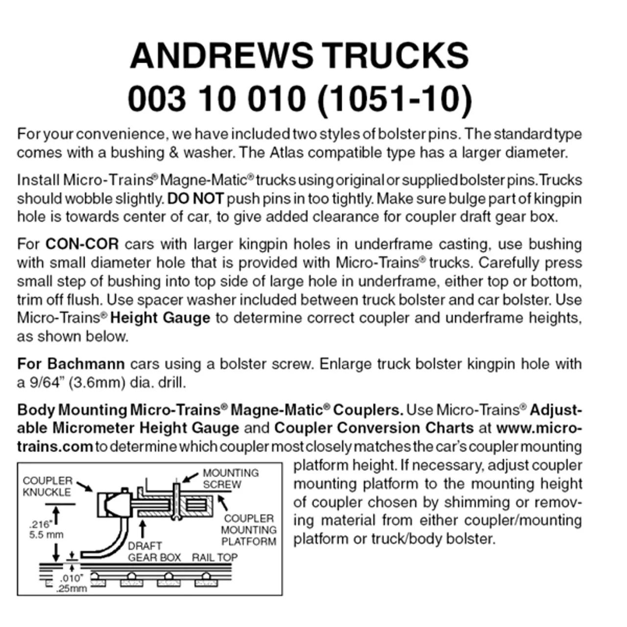 Micro-Trains 00310010 – Andrews Trucks Without Couplers (1051-10) 10 Pair