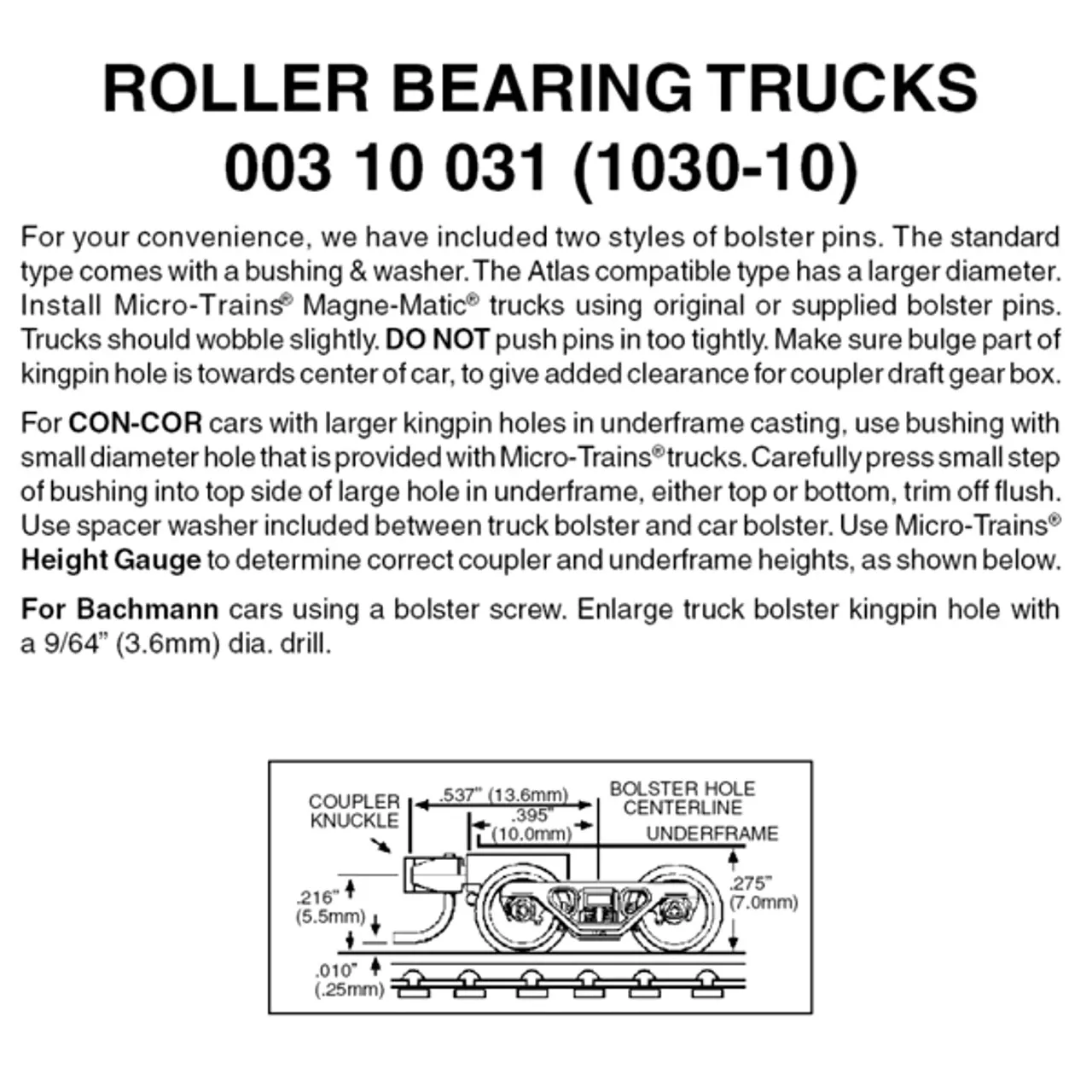 Micro-Trains 00310031 – Roller Bearing Trucks With Short Extension Couplers (1030-10) 10 Pair