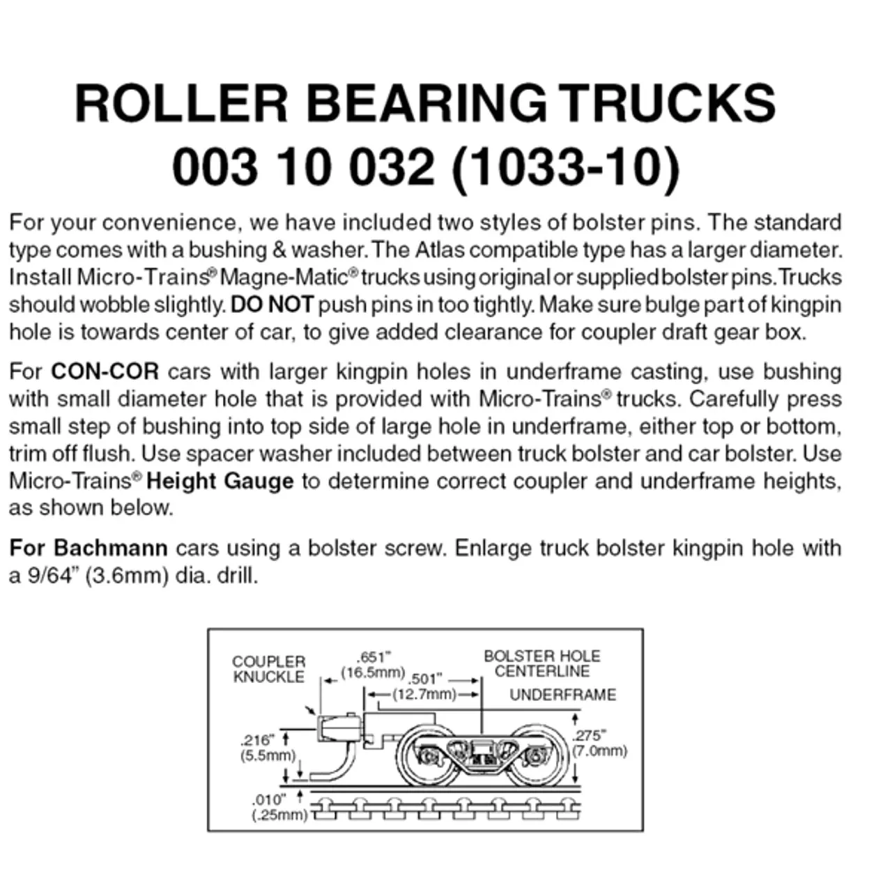 Micro-Trains 00310032 – Roller Bearing Trucks With Medium Extension Couplers (1033-10) 10 Pair