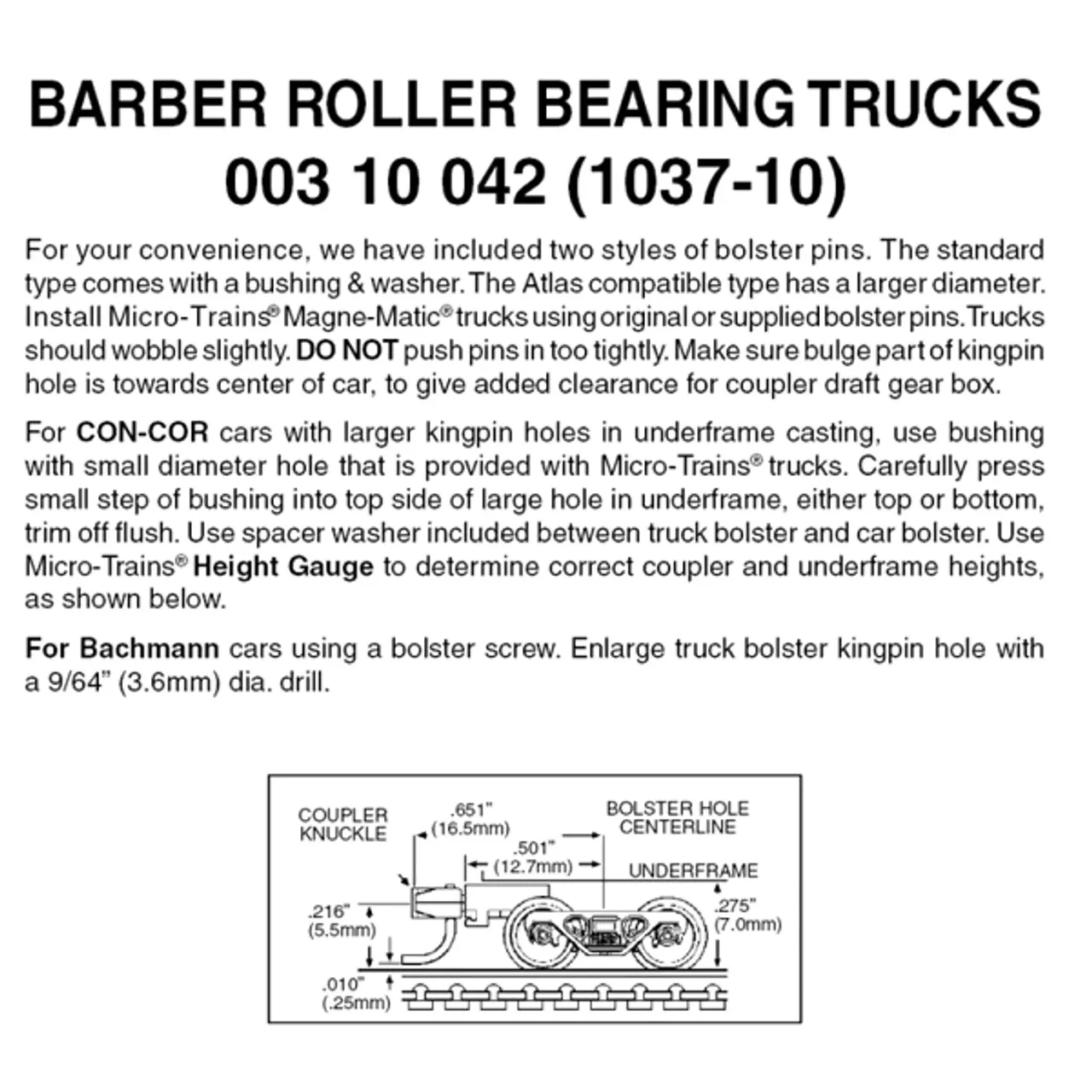 Micro-Trains 00310042 – Barber Roller Bearing Trucks With Medium Extension Couplers (1037-10) 10 Pair