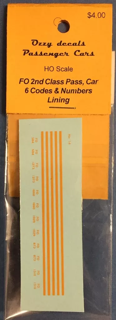 PASSENGER CAR DECAL : FO 2nd class car, will do 6 cars codes & numbers, lining will do one car in yellow HO, Ozzy Decals