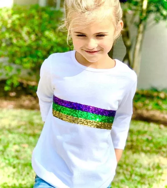 White Sequin Mardi Gras Knit Crewneck Tee